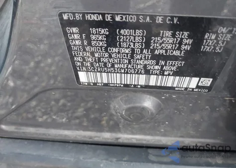 2016 Honda Hr-V Ex from USA, damaged, VIN 3CZRU5H53GM706776